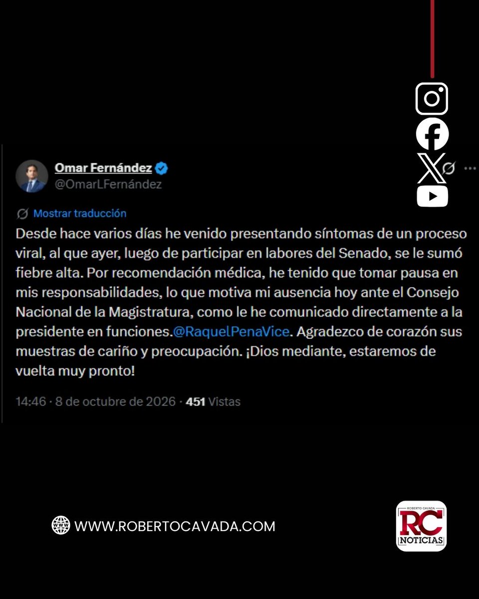 rcavada's tweet photo. Omar Fernández pausa sus labores por proceso viral y fiebre alta; se ausenta del CNM
https://t.co/tMEyMNYdzW
#RobertoCavada #RCNoticias #OmarFernandez https://t.co/BIeR7kJZxp