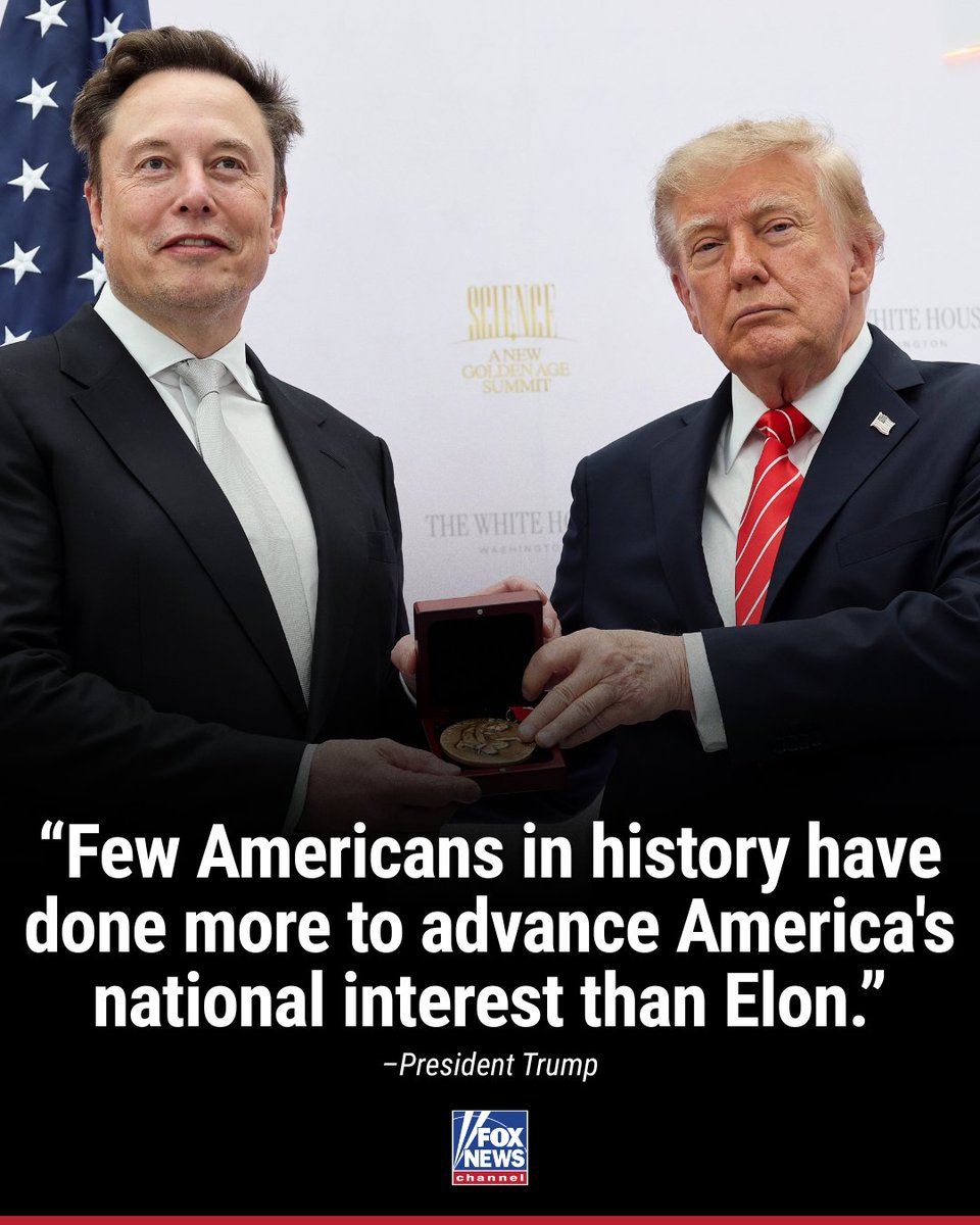 FoxNews's tweet photo. President Trump honors Elon Musk with the National Medal of Science during the Golden Age of American Innovation Summit, praising his contributions to American technology and scientific advancement.

The recognition comes as Musk takes on a renewed advisory role in the Trump administration, including co-leading Project Meridian, a Pentagon initiative focused on the future of warfare and military technology.