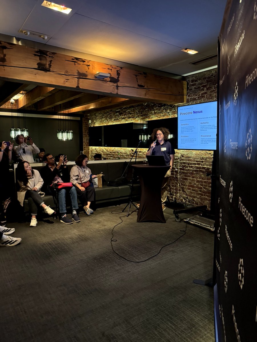 pinecone's tweet photo. What a great night at #SFTechWeek!

We had an incredible time bringing together AI builders, engineers, and founders for our Agentic Knowledge Happy Hour!

The evening was filled with great conversations, new connections, and a live demo from Joerg Schad, our VP of Engineering, showcasing how to build knowledge into AI agents at scale.

If you want to try out what Joerg demoed, sign up for a free Nexus trial:  https://t.co/SI5CeyINHy 

A huge thank you to everyone who joined us! We love seeing this community come together.