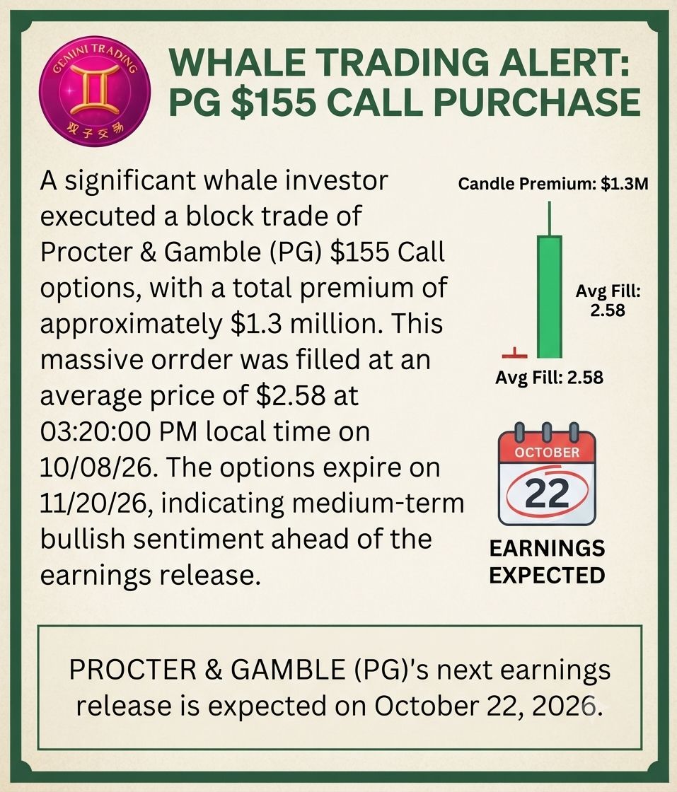 🎯 FLOW #92: $1.3M PG EARNINGS PLAY. Thread. 🧵
THE CONTRACT 📋
PG $155C, Nov 20. $1.3M. ~5,000 @​ $2.58. Spot $150.60.
RED PEN 🖊️
2.9% OTM — closest of the we