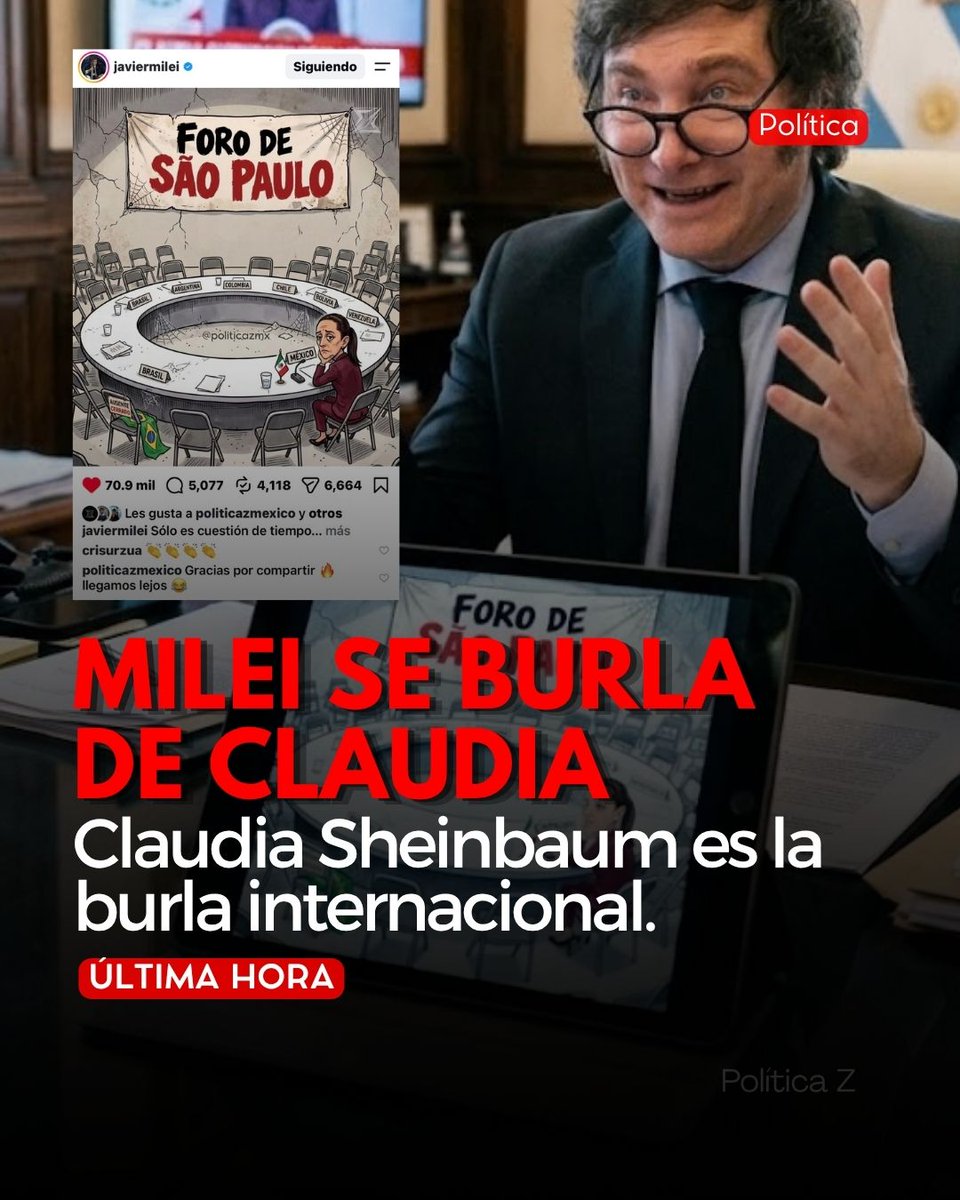 politicazmx's tweet photo. #ÚLTIMAHORA | 🔴 MILEI USA NUESTRO MEME PARA BURLARSE DE CLAUDIA.

La realidad supera a la propaganda y, a veces, un buen meme basta para desnudar el colapso de toda una ideología. El presidente de Argentina, Javier Milei, no tuvo reparos en compartir a través de sus redes sociales una caricatura política creada por nosotros aquí en Política Z. 

La imagen es devastadora por lo precisa: muestra a la presidenta de México, Claudia Sheinbaum, sentada en absoluta soledad en una inmensa mesa del Foro de São Paulo, rodeada únicamente por sillas vacías que antes ocupaban sus aliados regionales.

El mensaje que acompañó la publicación del mandatario argentino fue directo a la yugular del progresismo latinoamericano: "Sólo es cuestión de tiempo... Estamos limpiando el continente". Esta no es una simple provocación en redes; es la constatación gráfica de que el mapa político de la región está sufriendo un giro dramático hacia la derecha. Mientras el oficialismo en México intenta vender la ilusión de un liderazgo regional fuerte, desde el exterior los ven exactamente como lo ilustra nuestra caricatura: como los últimos defensores de un modelo arcaico y fracasado que se está quedando sin adeptos.

Que un jefe de Estado utilice el contenido gráfico generado por una plataforma independiente como Política Z para lanzar un dardo diplomático de este calibre, demuestra que la batalla cultural se está ganando. La izquierda radicalizada, que durante décadas utilizó foros internacionales para exportar miseria y autoritarismo bajo discursos de falsa hermandad, hoy se encuentra aislada. 

A Sheinbaum le tocará apagar la luz de ese club.