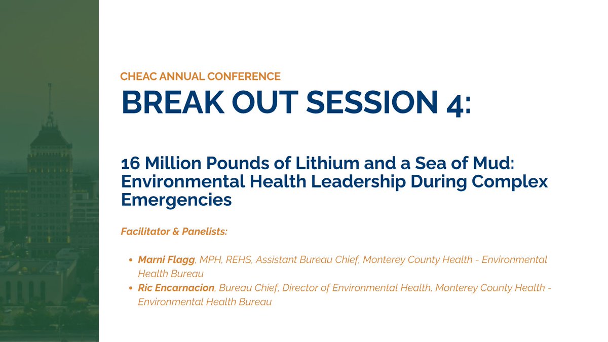 CHEAC's tweet photo. This afternoon at #CHEAC26, breakout sessions turn to the systems &amp; partnerships that strengthen local #PublicHealth.

Attendees will explore #MediCal redeterminations, rural health partnerships, sustainable public info networks, &amp; enviro health leadership during emergencies. https://t.co/dlQmFnzJxw