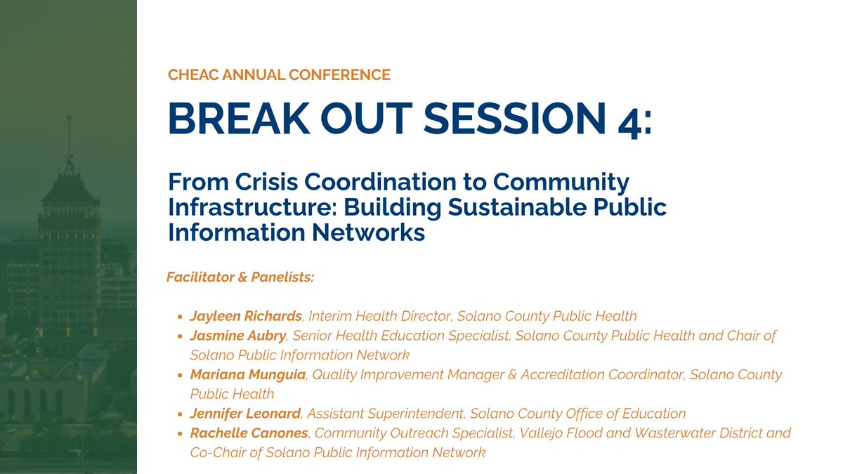 CHEAC's tweet photo. This afternoon at #CHEAC26, breakout sessions turn to the systems &amp; partnerships that strengthen local #PublicHealth.

Attendees will explore #MediCal redeterminations, rural health partnerships, sustainable public info networks, &amp; enviro health leadership during emergencies. https://t.co/dlQmFnzJxw