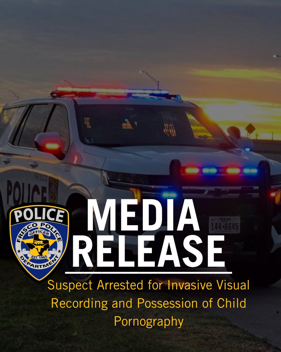 FriscoPD's tweet photo. FOR IMMEDIATE RELEASE:  Thursday, October 8, 2026

FOR MORE INFORMATION CONTACT:
Public Information Office
972.292.6133
fpdpio@friscotexas.gov
CALL FOR SERVICE #: 2026-00055848

Suspect Arrested for Invasive Visual Recording and Possession of Child Pornography

FRISCO, TX – Male suspect was arrested for Invasive Visual Recording and Possession of Child Pornography.

The Frisco Police Department arrested 38-year-old Eli Phillip Rodriguez, of Aubrey, TX, following an investigation into allegations of Invasive Visual Recording involving an adult female at a local fitness center. During the investigation he was also found to be in Possession of Child Pornography .

The Frisco Police Department became aware of the allegations, and upon receiving the report, the department immediately conducted a criminal investigation that ultimately led to Rodriguez’ arrest.

Rodriguez has been charged with Invasive Visual Recording, a state jail felony punishable by 180 days to two years in prison and up to a $10,000 fine and Possession of Child Pornography, a 3rd degree felony, punishable by two to ten years in prison and up to a $10,000 fine. Rodriguez was transported to the Collin County Sheriff’s Office upon his arrest.

Anyone with information related to this case or similar incidents is urged to contact the Frisco Police Department at (972) 292-6010. Anonymous tips can be submitted by texting FRISCOPD and your tip to 847411 (tip411) or through the Frisco PD app.

###