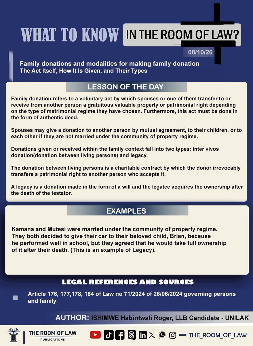 THE_ROOM_OF_LAW's tweet photo. PUB 040.O26.RGR - Ibyerekeye Impano zitanzwe cyangwa zakiriwe mu rwego ry’umuryango.
Bana natwe, Biroroshye Biraryoshye!
En:Family donations and modalities for making family donation
Stay with us, It’s easy and engaging!
#TheRoomOfLaw #LegalAnalysis #LawStudentLife #Juris https://t.co/XXcm2pT9SJ