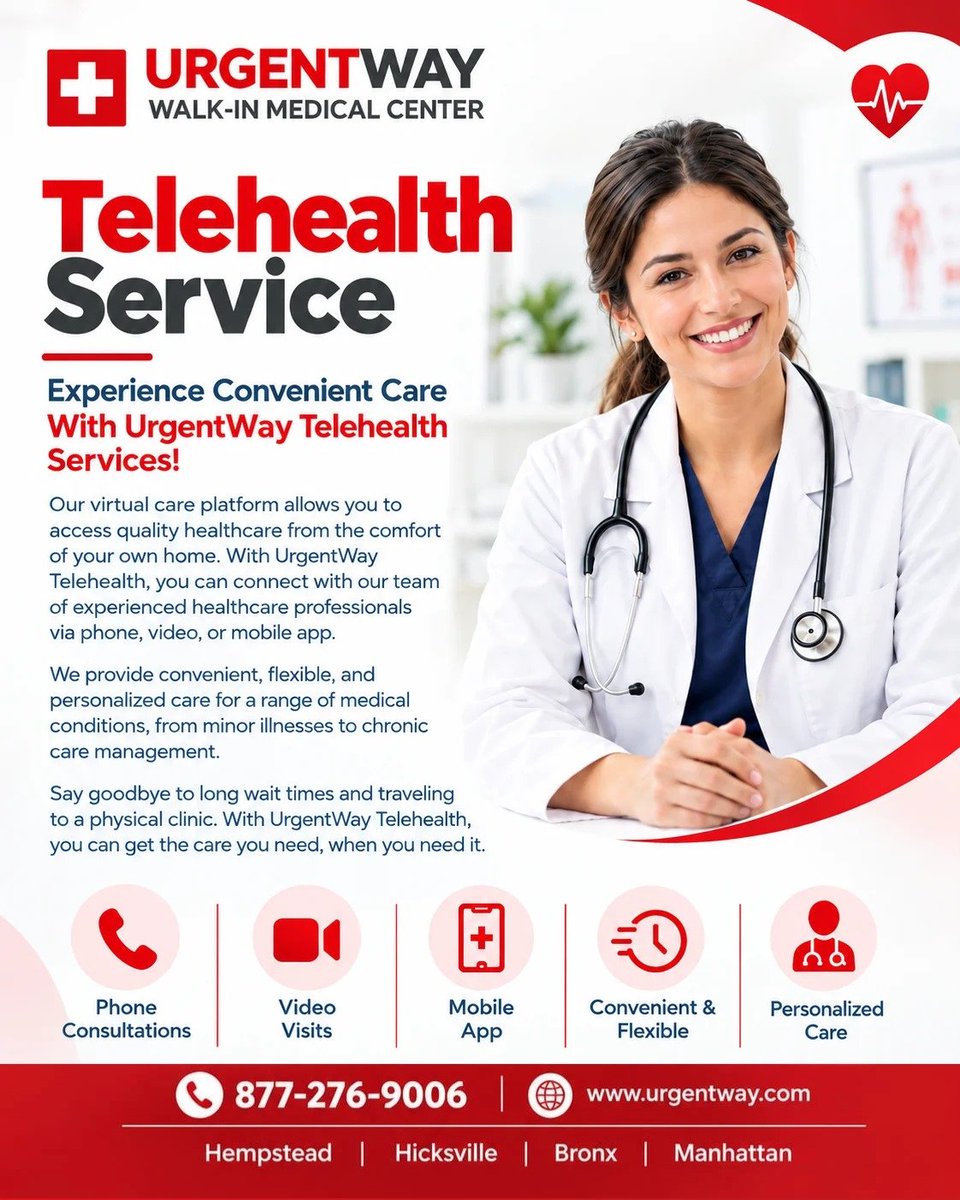 urgentwayNYC's tweet photo. Get quality care from home with *UrgentWay Telehealth!* Connect with our doctors via phone, video, or app for minor illnesses to chronic care. No waiting, no travel.
Book now: https://t.co/1xNZGb4Iz5
#Telehealth #VirtualCare #UrgentWay https://t.co/h4uiOjVXZg