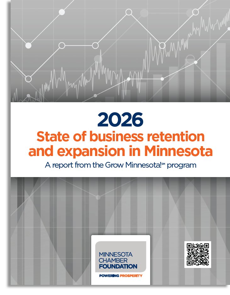 MN_Chamber's tweet photo. Are Minnesota businesses expanding here? How do we compare to our neighboring states? 

A new report from the Minnesota Chamber Foundation’s Grow Minnesota! program finds some encouraging signs of growth, alongside challenges that could impact Minnesota’s long-term competitiveness. 

Read more in the 2026 State of Business Retention and Expansion in Minnesota: https://t.co/U5BDDFlZOO