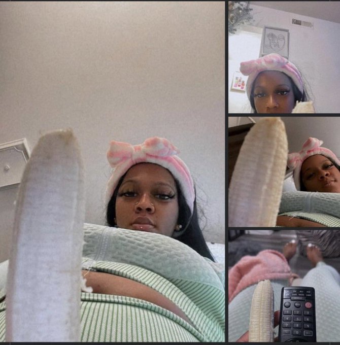 A collage of three selfies of a young woman wearing a pink cat-eared headband, holding up what appears to be a long white object (possibly a cast or bandage), with one image also showing a TV remote control.