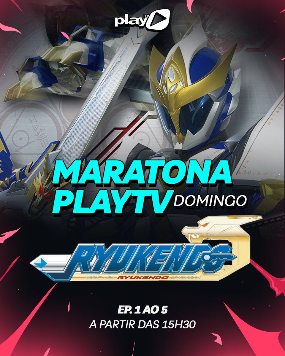 playtv's tweet photo. AMANHÃ TEM MARATONA RYUKENDO!

A partir das 15h30, você vai acompanhar os episódios 1 ao 5 de Ryukendo.

Prepare o seu sofá, reúna a galera e não perca essa maratona especial aqui na PlayTV! 🍿🔥

#Ryukendo #Tokusatsu #MaratonaRyukendo #OperacaoZenkai #PlayTV https://t.co/7vUhQGQaAl