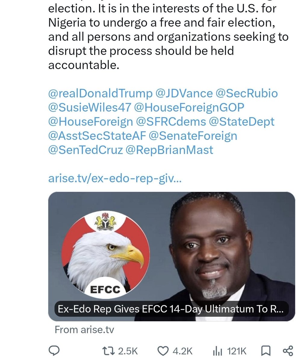batten_von's tweet photo. The Nigerian Presidency (@officialABAT) and co. are predictable and desperate. We fully expected that, following our lawsuit, Nigerian President #Tinubu and his allies would attempt to intimidate us into dropping the lawsuit by threatening to sue us for everything under the sun.

Right on cue, an individual with reported links to President #Tinubu, who, over one month ago, demanded that the @officialEFCC prosecute President Tinubu’s political opponent, @atiku, is now magically threatening to sue us for sharing a news article about his EFCC demands, in which his photograph automatically appeared in the article’s preview on @X. President #Tinubu and co will next threaten to sue us for saying that the moon is not made of cheese. 

We are prepared to defend ourselves in court. We welcome any opportunity to have a U.S. court deliberate on reports of President #Tinubu’s ongoing attempts to deny the #Nigerian people free and fair elections. From threats of AK-47 gunfire to demands for the arrest of political opponents, all of these matters must be brought before a U.S. court and placed on the public record.

@JudiciaryGOP @HouseJudiciary @SenJudiciaryGOP @JudiciaryDems @CNN @FoxNews @washingtonpost @nytimes