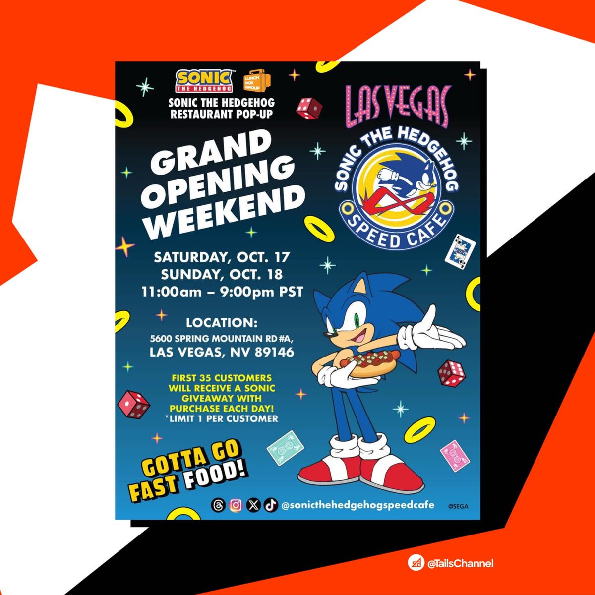 TailsChannel's tweet photo. Sonic the Hedgehog Speed Cafe is opening in its next location in Las Vegas. 

The grand opening weekend will take place from October 17–18, with the first 35 guests each day receiving a Sonic giveaway with purchases.

The pop-up will remain open daily through December, featuring exclusive menu items and more.

#SonicNews