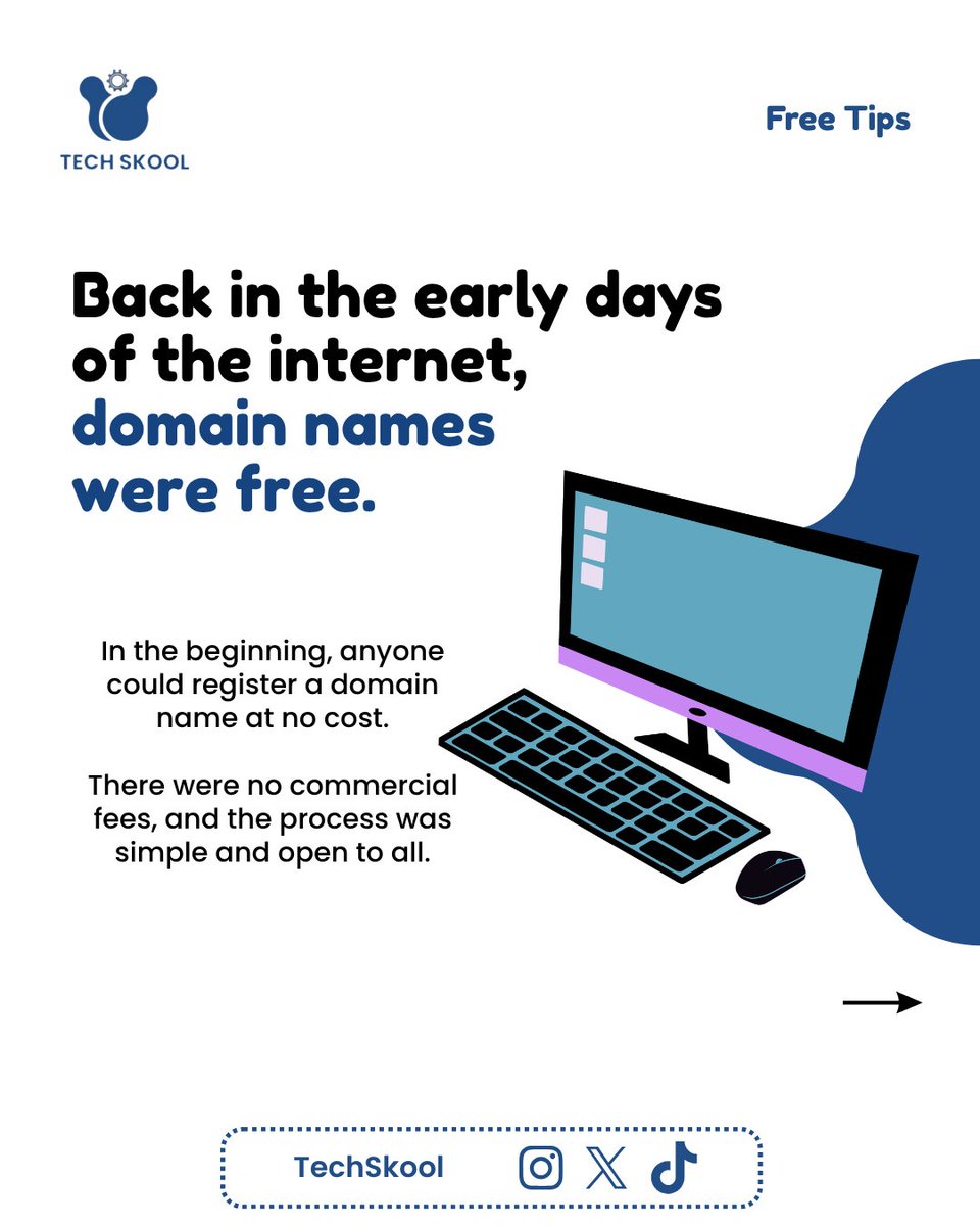 TechSkooll's tweet photo. There was a window in internet history where you could have claimed almost any domain name for free, no fees, no bidding wars, nothing.

Most people had no idea what a domain name would even be worth one day.

#TechSkoolGlobal #TechFacts #InternetHistory #TechTrivia https://t.co/CxvEetJjAX