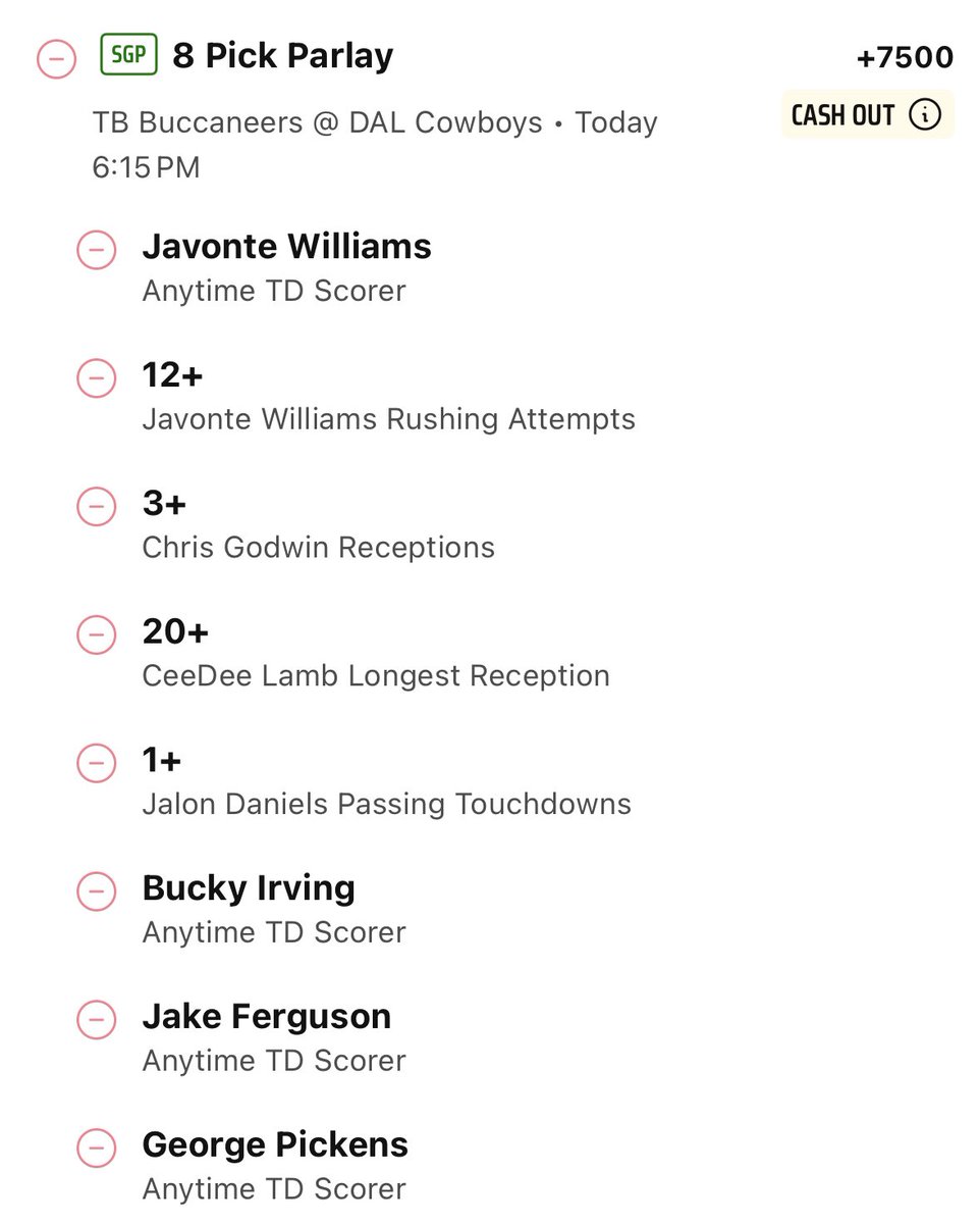 Jackson_Sportss's tweet photo. LONGSHOT ALERT $10->$750
+7500

Jalon Daniels 1+ Passing TD
Javonte Williams 12+ Rush Attempts
Ceedee Lamb Longest Reception 20+ Yards
Chris Godwin 3+ Recptions
Javonte Williams Anytime TD
Jake Ferguson Anytime TD
George Pickens Anytime TD
Bucky Irving Anytime TD https://t.co/rEqV0BFRrZ