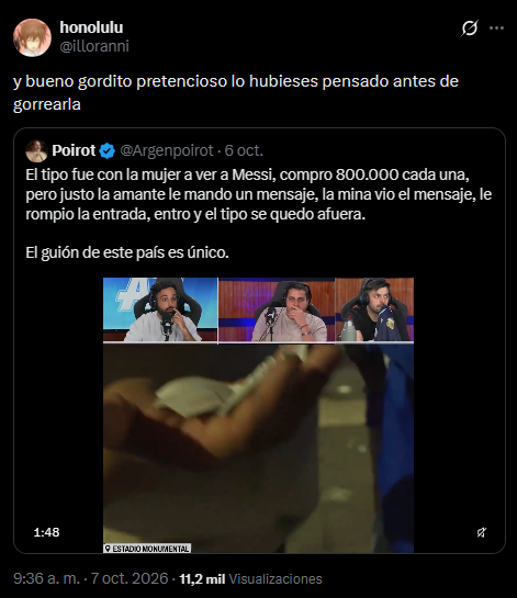 blassgard's tweet photo. - Ella le dice gordo al del video
- Cuando le contestan lo trata de gordo al tipo 2 veces.
- Le dicen a ella que está gorda y saltan todos a defenderla

No es serio. https://t.co/FGGA3RHovf