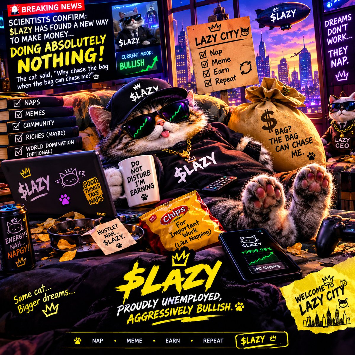 Jimmyclark9m's tweet photo. 🚨 BREAKING NEWS FROM LAZY CITY🚨

Scientist just confirmed that $LAZY has just fired itself… then promoted itself to CEO. 😂🐈👑 BY DOING NOTHING 😂

Job description: Nap. Meme. Get bullish💤😹
 @Lazyleggend #Lazymeme #TOOLAZY #LAZYCITY #LAZYLEGEND https://t.co/h6NPUB0eRm