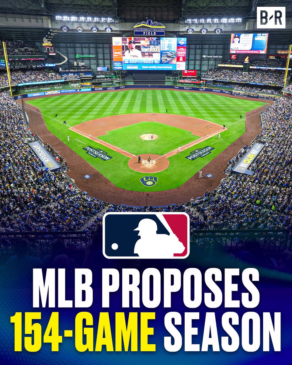 BleacherReport's tweet photo. MLB has proposed returning to a shortened 154-game regular season for the first time since 1962, allowing for expanded best-of-seven Division Series starting in 2029 👀🔥

Teams with a higher seed could SELECT their Wild Card and Division opponents starting next season 🤯

(via @mlb)