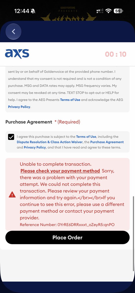 Travis_Gonzales's tweet photo. @axs your app sucks! I tried 4 different ways to check out and I kept getting this error 😵‍💫 https://t.co/48GxgdeRzT