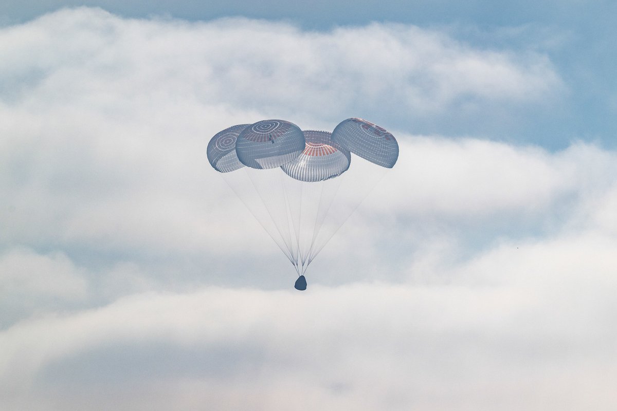 NASA's tweet photo. Welcome home!

Crew-12 splashed down in the Pacific on Thursday, Oct. 8. Their 237-day mission aboard the @Space_Station included research into medicine, quantum science, and 3D-printing with metal in low Earth orbit. https://t.co/bHE4QrN1r5 https://t.co/QzBt6v9Ak3
