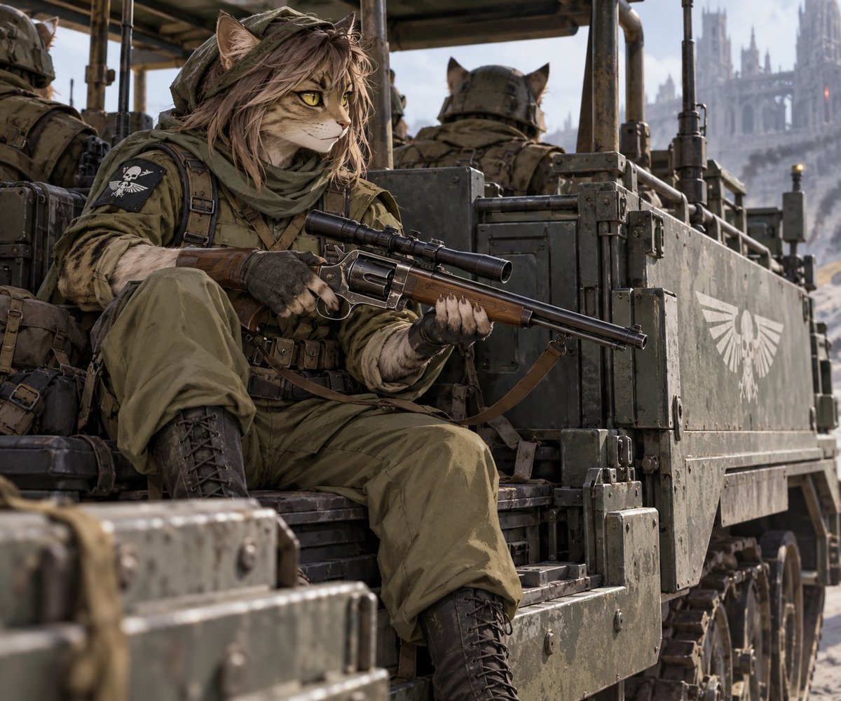 RustyDelata's tweet photo. felinid scout #warhammer40k #furryart #AIart https://t.co/bJxxusruDD