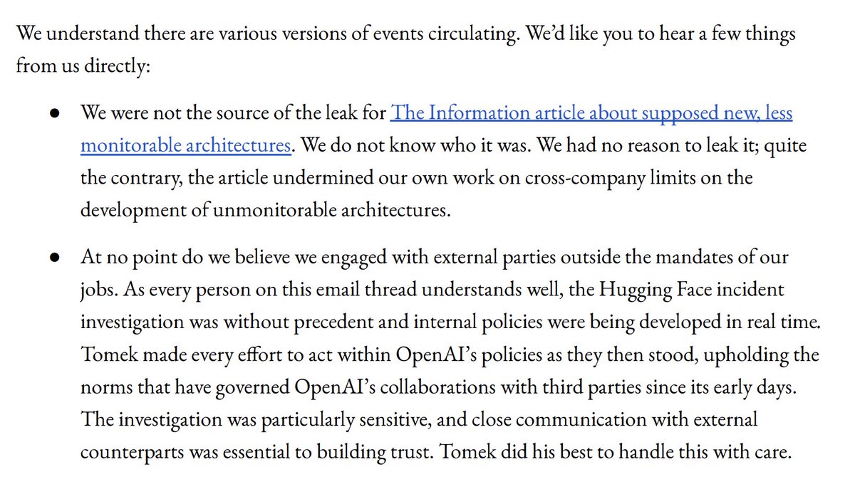 kimmonismus's tweet photo. The three Ex-OpenAI researchers say they believe they were fired for prioritizing safety over OpenAI’s near-term corporate interests. 

They also deny being the source of the leak behind The Information’s recent report on allegedly less monitorable AI architectures.

On the one hand, there seems to be a large amount of information leaking at OpenAI, and on the other hand, there are increasing security concerns.