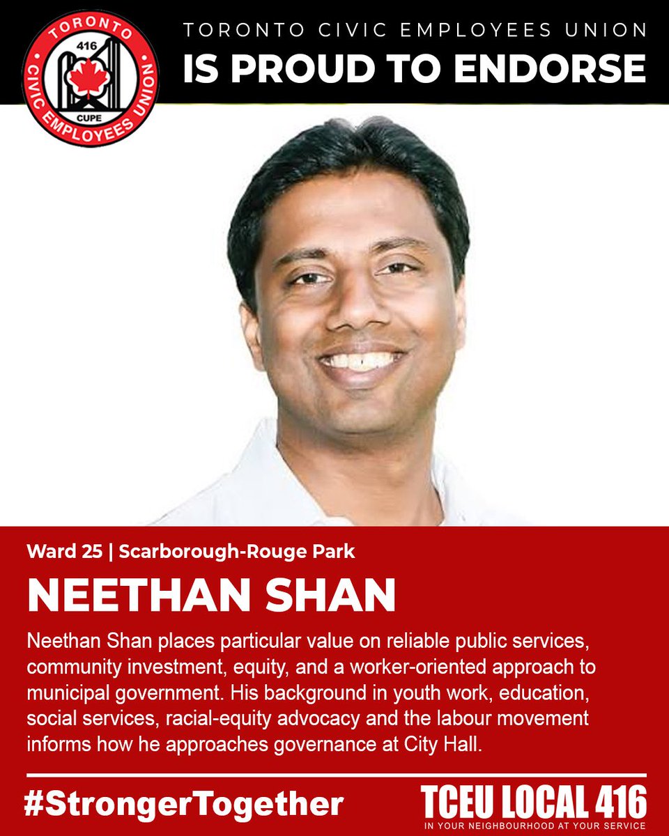 Local416's tweet photo. Neethan Shan places particular value on reliable public services, community investment, equity, and a worker-oriented approach to municipal government. His background in youth work, education, social services, racial-equity advocacy and the labour movement informs how he approaches governance at City Hall.
 
#StrongerTogether