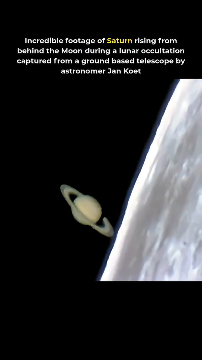 Astronomical footage captioned 'Incredible footage of Saturn rising from behind the Moon during a lunar occultation captured from a ground based telescope by astronomer Jan Koet'.