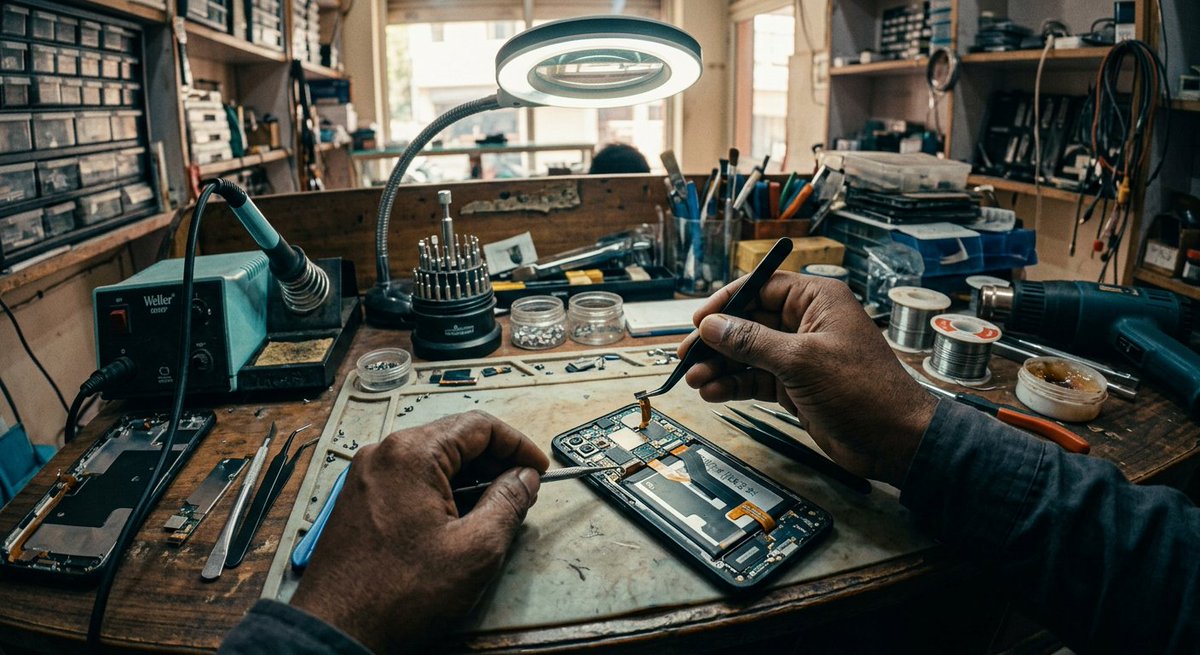 delovantage's tweet photo. A phone repair bench, seen through the technician's eyes. Tweezers, a ribbon connector, two hands in sync. Robots can't learn this from internet video. We capture it as first-person video + 6-axis IMU, at any volume. #Robotics #PhysicalAI #EmbodiedAI #RobotLearning https://t.co/Lftm6jju9Q