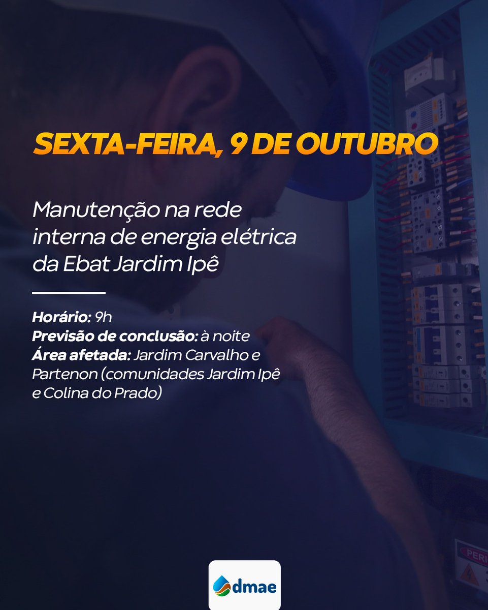 dmaepoa's tweet photo. ⚠️ Atenção, Jardim Carvalho e Partenon (Jardim Ipê e Colina do Prado).

O Dmae programou para esta sexta-feira, 9, a manutenção da Estação de Bombeamento Jardim Ipê.

➡️ O serviço terá início às 9h. O abastecimento será normalizado à noite.

🔗 Saiba mais: https://t.co/e0WtsvDBTK https://t.co/R5cnfPueU9