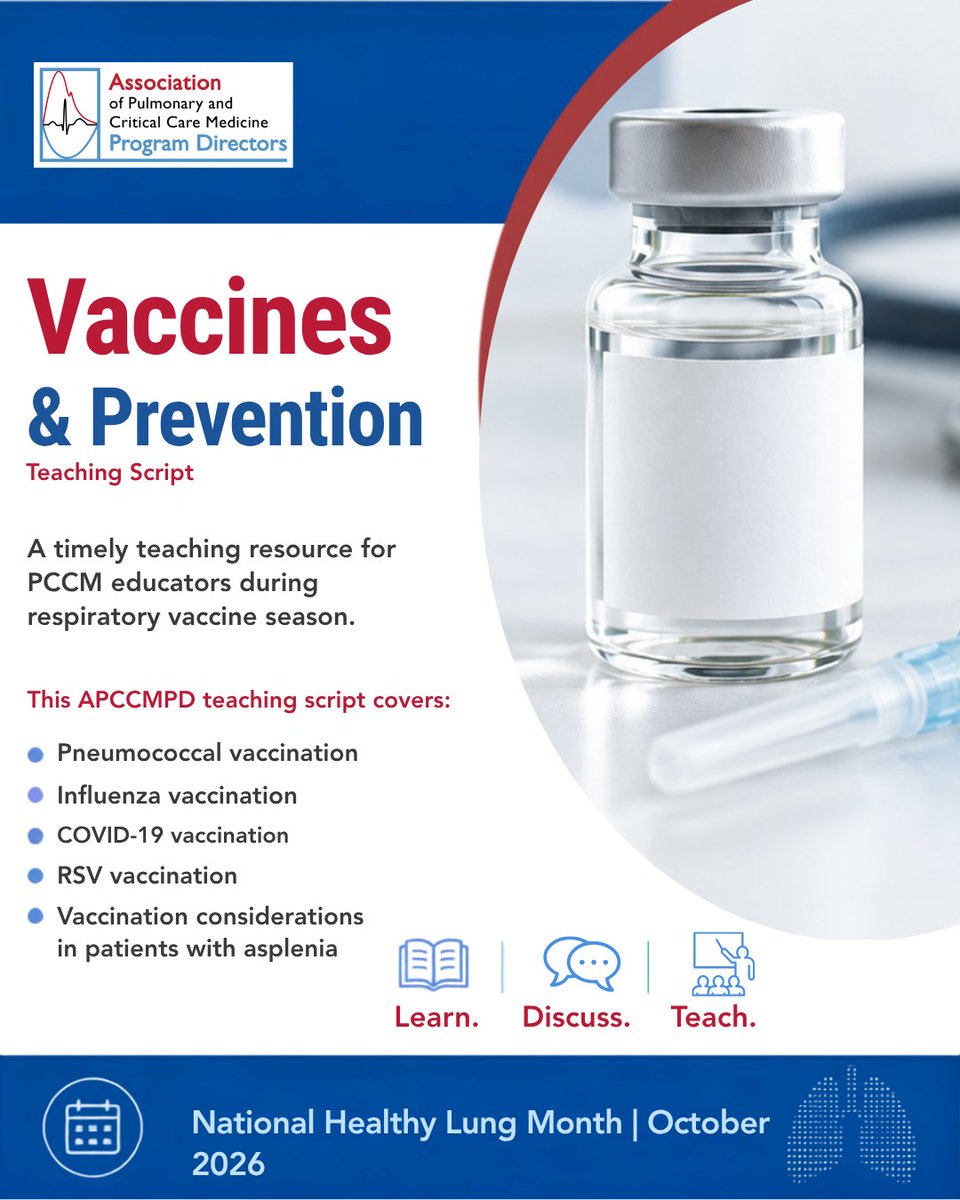 APCCMPD's tweet photo. As respiratory vaccine season approaches, bring prevention into your PCCM teaching!

The 2026 APCCMPD Ambulatory Care Curriculum Teaching Script: Vaccines & Prevention covers pneumococcal, influenza, COVID-19, RSV, and more.

🔗 https://t.co/pNM9apuzRw

#PCCM #meded #pulmCCM #PCCMedEd