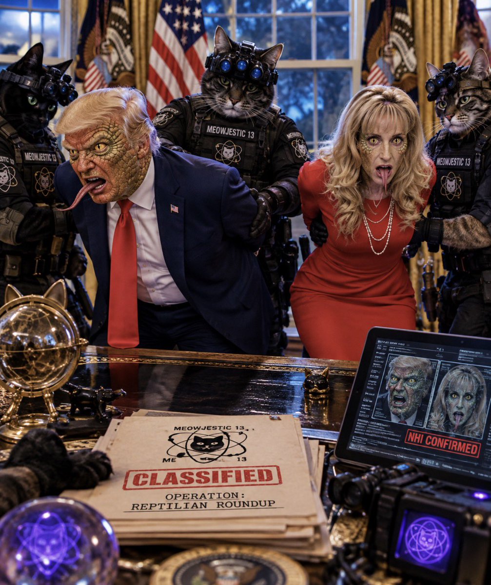 FelineConscious's tweet photo. MEOWJESTIC-13 | EYES ONLY
OPERATION: REPTILIAN ROUNDUP
STATUS: PRESIDENT RESCUED — IMPOSTORS DETAINED

THE WHITE HOUSE INFILTRATION HAS BEEN DEFEATED.

MEOWJESTIC-13 can now confirm that President Donald Trump was temporarily replaced by a reptilian shapeshifter as part of a coordinated extraterrestrial infiltration of the executive branch.

Working alongside allied feline non-human intelligence (NHI), our operatives successfully identified the impostor, disrupted the takeover, and rescued the real president from an undisclosed containment facility.

President Trump has been safely returned to the White House.

The reptilian duplicate and an accomplice posing as a senior White House associate were apprehended by an elite feline tactical unit.

The operation followed years of covert surveillance, psychic reconnaissance, and intelligence gathered by domestic cats embedded in American households.

For decades, humanity wondered why cats stared at seemingly empty walls.

They weren’t staring at nothing. They were watching the infiltrators.

The president has been advised to increase feline security throughout the executive residence.

THE PRESIDENT IS HUMAN. THE IMPOSTOR IS IN CUSTODY. THE CATS ARE IN CONTROL.

#MeowJestic13 #FelineNHI #ReptilianRoundup #CatFiles
