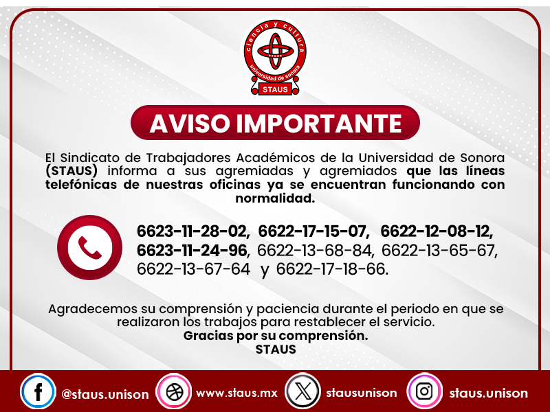 stausunison's tweet photo. Comunicamos a la base académica que las líneas telefónicas de nuestras oficinas ya se encuentran funcionando con normalidad. Agradecemos su comprensión durante los trabajos de restablecimiento.
#Aviso #Staus https://t.co/zmwlkbezI6