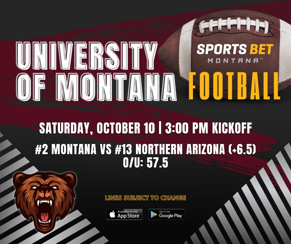 SportsBetMT's tweet photo. The Griz are back on the field Saturday at 3 PM, ready to defend their #2 ranking against a hungry Northern Arizona squad 💥🏈This one is shaping up to be a must‑watch showdown. Make your play with Sports Bet Montana! #CFBWeek6 #GrizNation #GameDay https://t.co/gJuut2KBrj