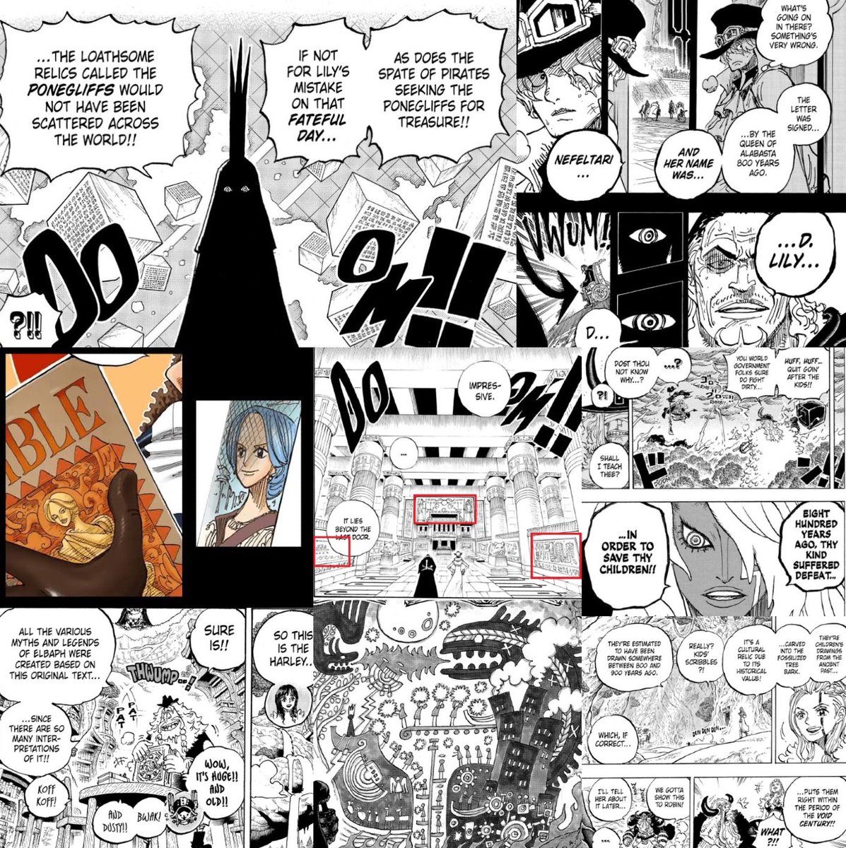 Buggy's tweet photo. #ONEPIECE1195 

With Lili being revealed to having lived on Elbaph at the end of the Void connects a lot of dots…

- Kuma’s Bible and The Harley were possibly created from the words of Lili

- The children who Imu kidnapped were probably saved by Lili when she liberated the Poneglyphs and from her words, they drew Elbaph’s mural

- The mural in Alabasta’s Tomb of Kings depicts the First World