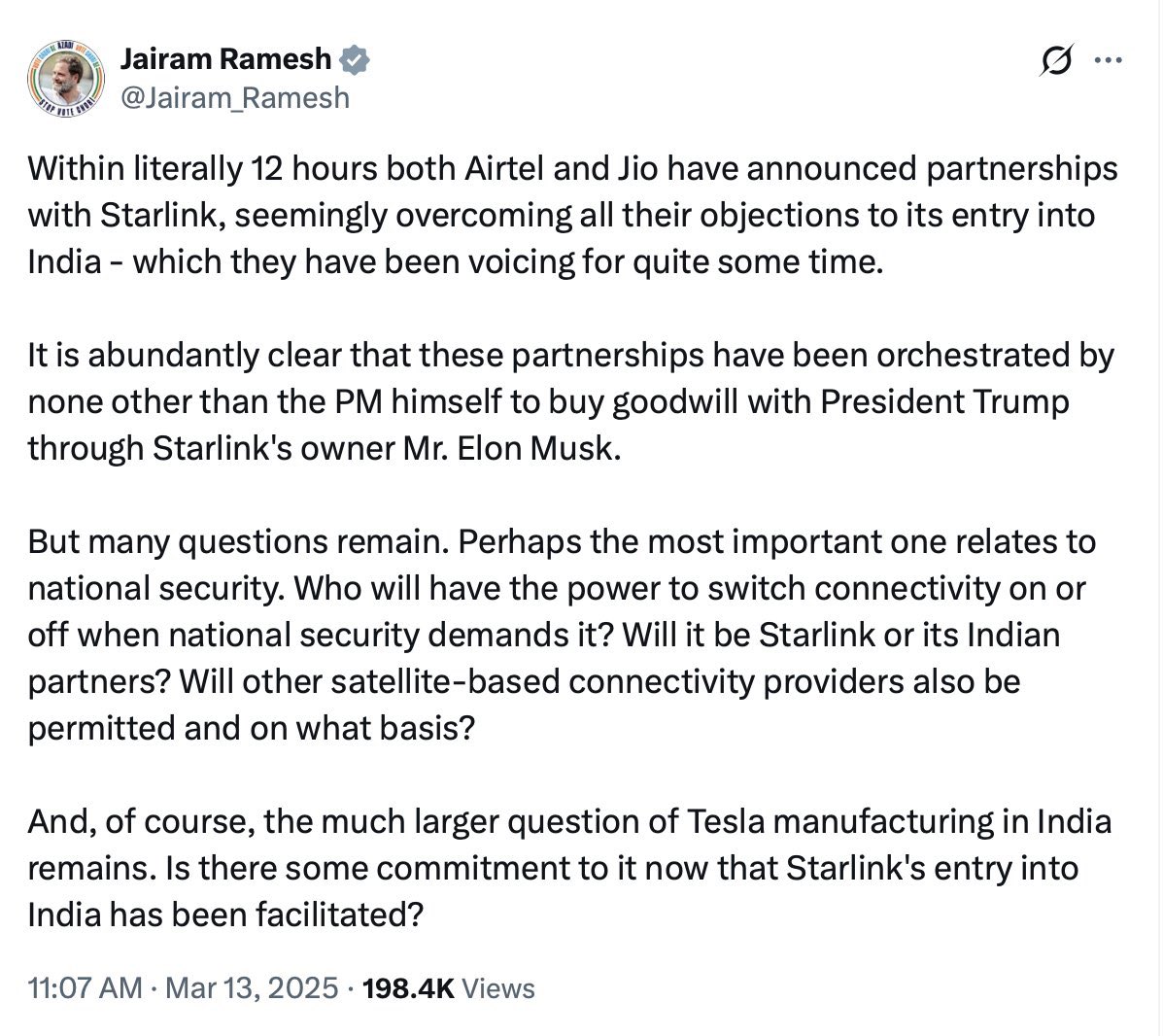 KanchanGupta's tweet photo. More the fool @elonmusk for letting @RahulGandhi liar of convenience take him on a ride.
Here’s what @Jairam_Ramesh had to say about Musk and Starlink a year ago. https://t.co/QC3sbH3x0w