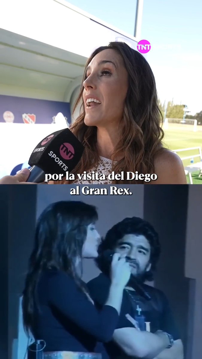 A split image shows a woman being interviewed with a TNT Sports microphone in daylight above a blue-tinted indoor clip of her touching the face of a bearded man wearing a cross necklace and holding a trophy. On-screen text reads “por la visita del Diego al Gran Rex,” while a post references “La Sole” singing to “Maradona y Messi” and adds “Esto nos contaba en 2025.”
