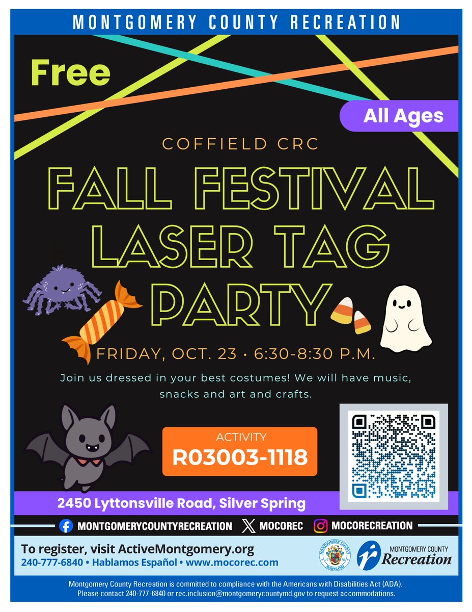 MoCoRec's tweet photo. UPDATE: Our Laser Tag Party at Gwendolyn E. Coffield CRC, originally scheduled for Oct. 9, will now take place on Friday, Oct. 23 at 6:30 p.m.

Show up in your favorite costume and join #MoCoRec for an evening of chilling fun! 🕸️🦇

Register ➡️ https://t.co/RSaODgJLEq. https://t.co/4JJTNN95dS