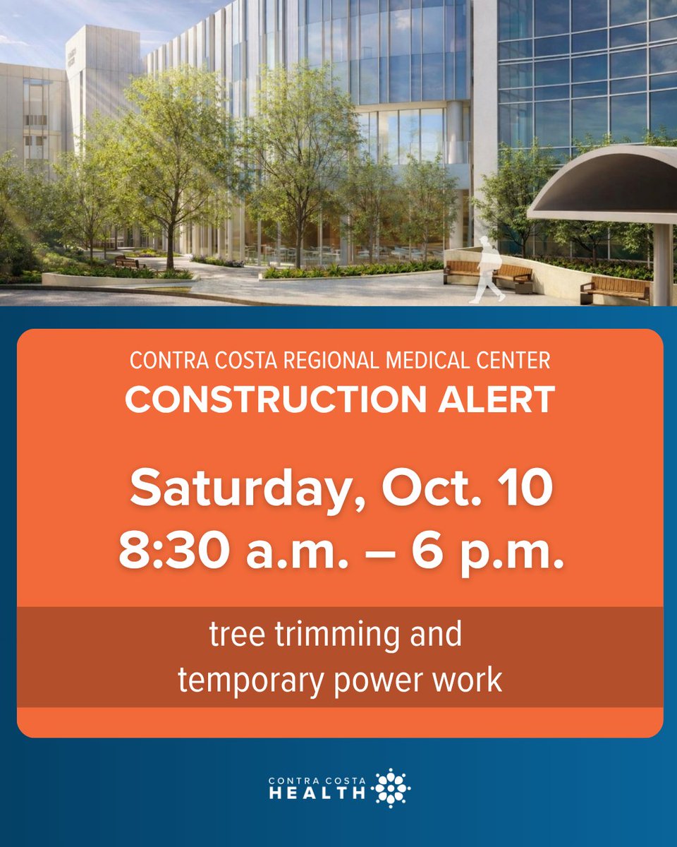 CoCoHealth's tweet photo. CCRMC Construction Update: Work is planned for Sat., 10/10, from 8:30 a.m. - 6 p.m., near the hospital loading dock. Neighbors may hear construction noise &amp; see large equipment as crews trim trees &amp; install temporary power poles.

More info on the project: https://t.co/ZeX5c1Tl60 https://t.co/hswyjMGNB4