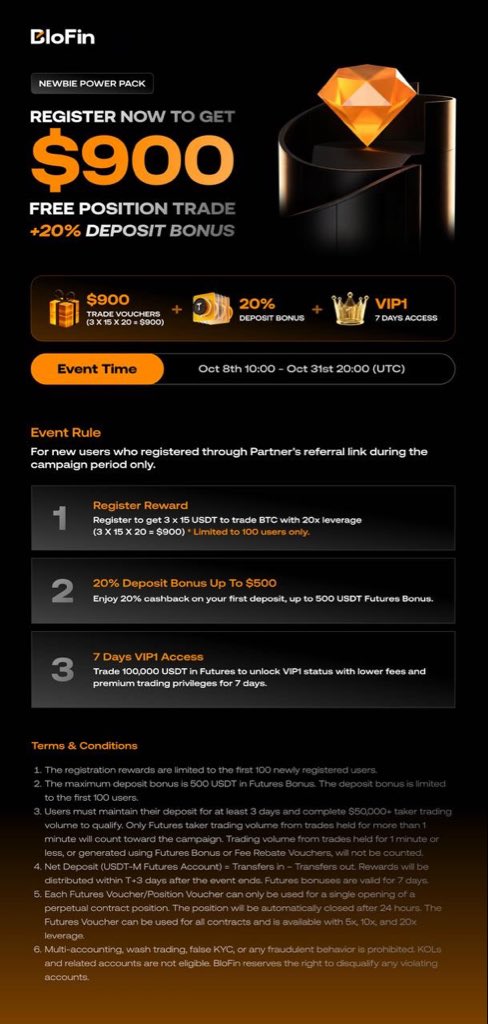 JasperTradex's tweet photo. Just registered on BloFin through my link?

You're getting:
💰 $900 free position trade vouchers
📈 20% cashback on first deposit (up to $500)
👑 7-day VIP1 status

Only 100 spots. Oct 8 – Oct 31.

👉 Join here: https://t.co/qV0qSHKV8U

#BloFin #Crypto #Futures https://t.co/nNHmXUeCC5