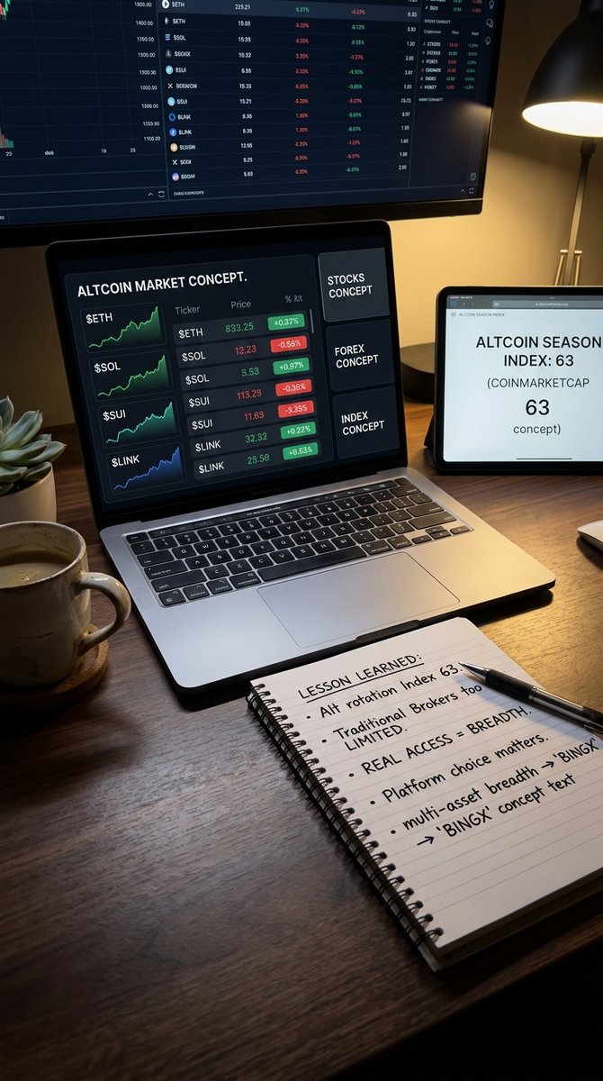 CoweRoss's tweet photo. The altcoin season index is hovering around 63, signaling active market rotation without hitting the official 75 altseason mark yet. 
When rotation picks up, tracking diverse tokens like $SOL, $SUI, and $LINK alongside traditional markets smoothly on BingX 

#Crypto #Altseason https://t.co/9TuOb3EtrN