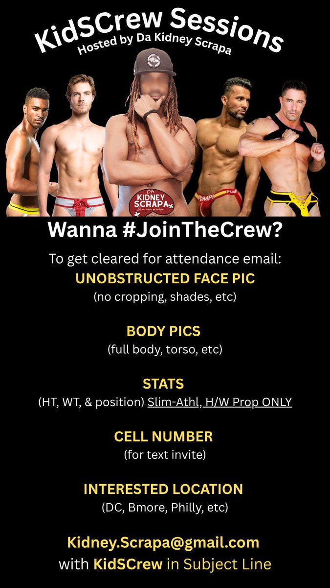 DaKidneyScrapa's tweet photo. Who tryna attend a #KidSCrewSession?  While you may come to Vibe | Network | Indulge, you'll def. stay for the FUCKIN.  I host these curated session for those who are looking for more that a #FuckParty.  

Wanna #JoinTheCrew?  See info in flyer!  

#DCFreaks #DMVFreaks #Chudai https://t.co/2g5SccTZHq