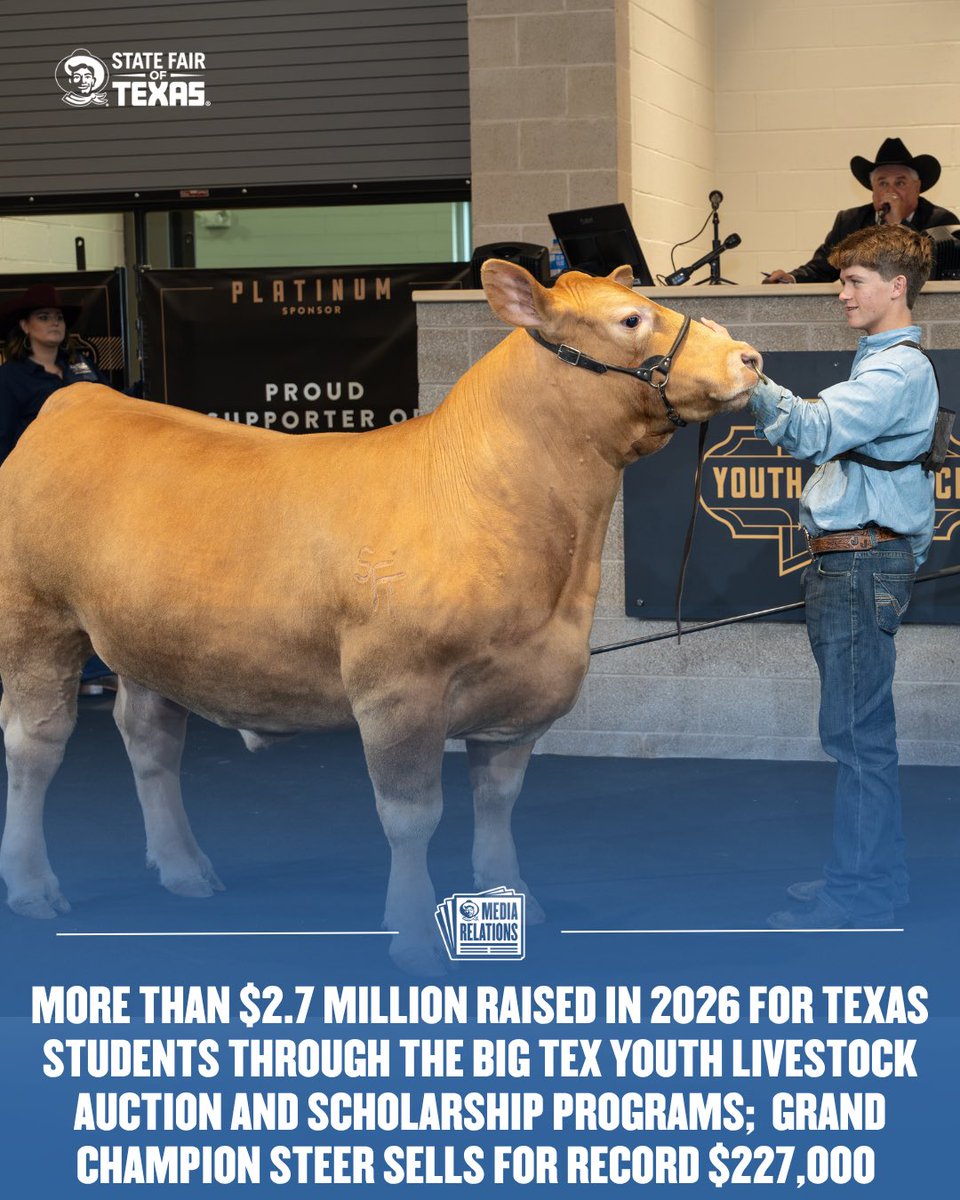 BigTexNews's tweet photo. THIS JUST IN: More Than $2.7 Million Raised in 2026 for Texas Students Through the Big Tex Youth Livestock Auction and Scholarship Programs;
Grand Champion Steer Sells for Record $227,000

Read more: https://t.co/yF8FA9mIZt. https://t.co/73yqehXqQe
