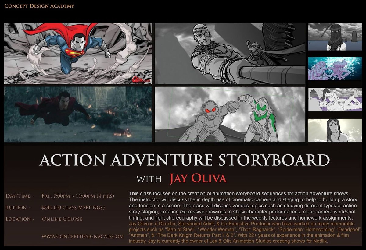 jayoliva1's tweet photo. This Friday starts my action adventure storyboard class online at Concept Design Academy. There’s still a few spots left so if you want to learn how to do action adventure storyboards sign up!
https://t.co/JAdATKaTvE
#CDA #Animation https://t.co/1UsAWNwXxx