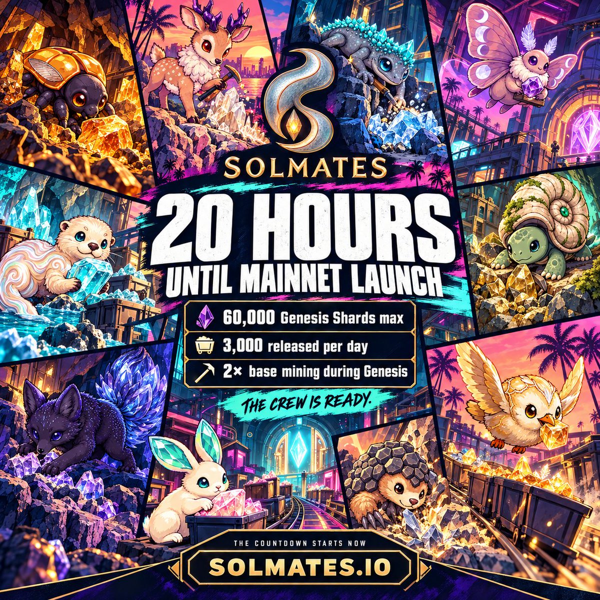 Solmatesio's tweet photo. ⛏️ 20 HOURS. THE CREW IS ASSEMBLING.

Geodecko’s checking the ropes. Shardclaw’s sharpening the claws. Get ready.

Our mission goes beyond digital loot: connect creature mining with real, documented fossils and minerals through verifiable ownership. That’s the next chapter we’re building toward.

Physical-specimen and verified-ownership features are in development.

3,000 Genesis Shards released daily. Once the available supply is gone, you’re waiting for the next release.
💎 60,000 Genesis Shards max
⚡ Get 2× base mining during Genesis

The heist begins October 9 at 4 PM EDT / 20:00 UTC.

Get on the crew list:
📲telegram: https://t.co/1A4A16HTvV
💬discord: https://t.co/oaAw0dmZsv

🎮 https://t.co/5WgzoxaP8H

#SolanaGaming #CreatureCollector #RWA