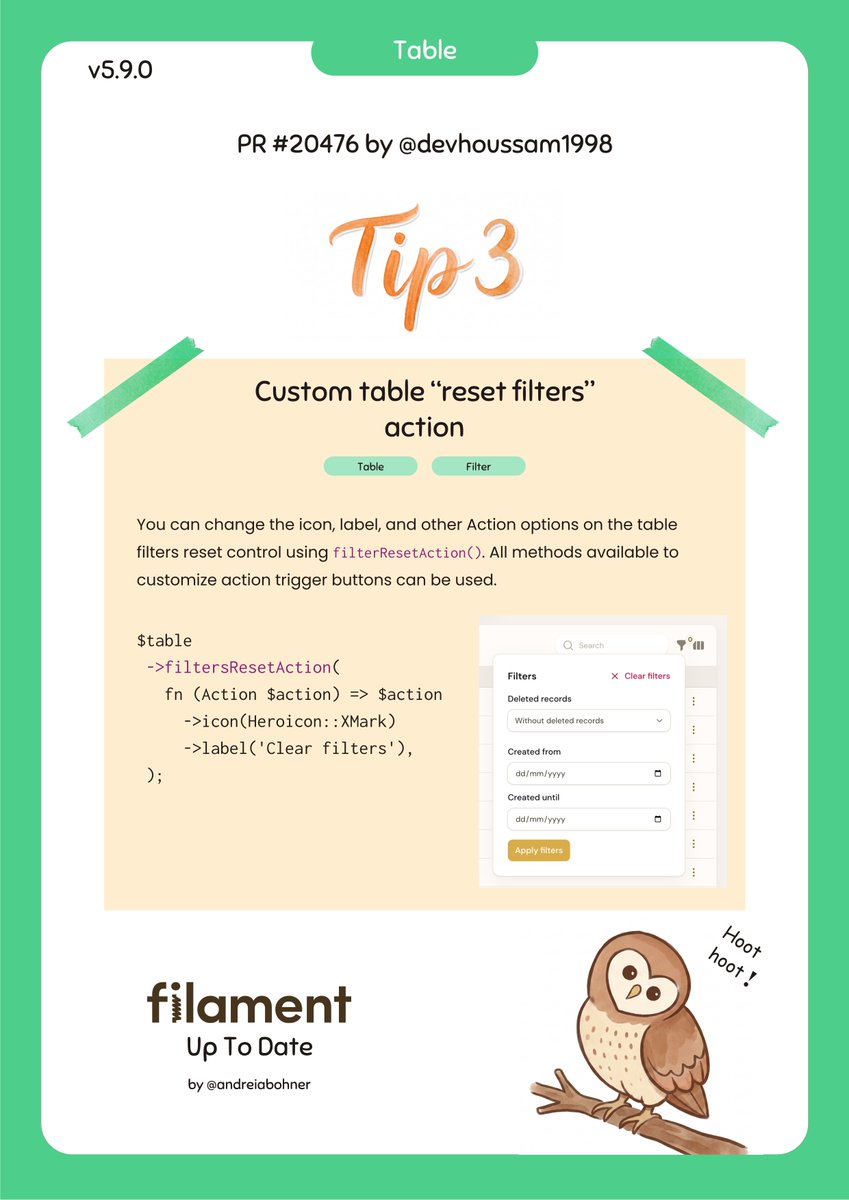 andreiabohner's tweet photo. @filamentphp Filament Up to Date #3 ✨🦉

Custom table "reset filters" action

PR #20476 by devhoussam1998 (on GitHub)
https://t.co/un8FftJggq

More tips: https://t.co/oGXt97clBh

#FilamentUTD #PHP https://t.co/2YPFL8gwxc