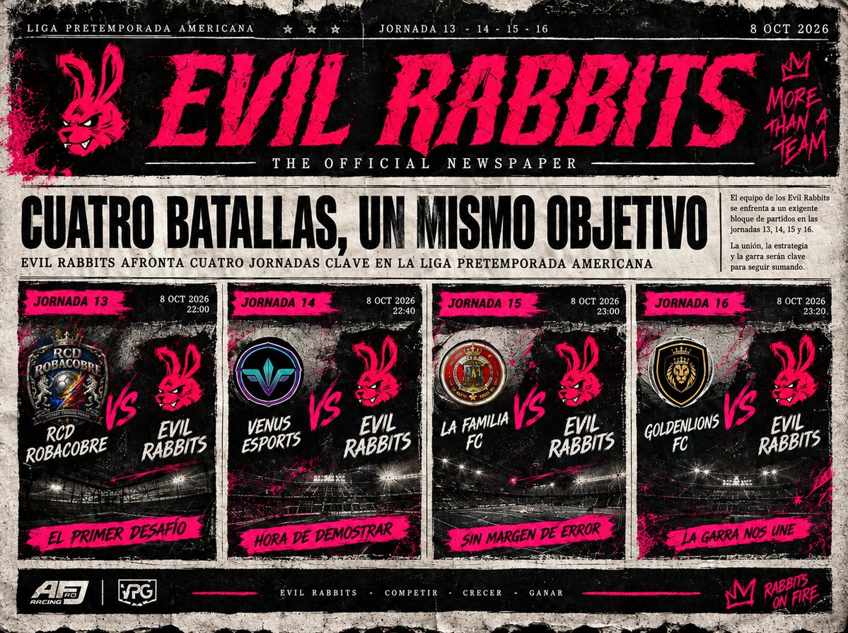 EvilRabbitsFC's tweet photo. ASALTO AL PRIMER PUESTO!

https://t.co/ItNTmTzI4n https://t.co/0aUg27Yfc4
