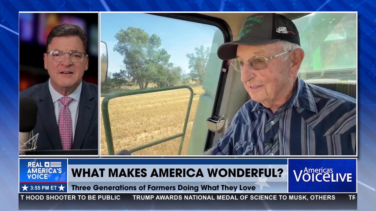 A split-screen news broadcast shows host Steve Gruber interviewing an elderly farmer wearing a black cap while seated in a combine harvester in a wheat field. The on-screen text reads "WHAT MAKES AMERICA WONDERFUL? Three Generations of Farmers Doing What They Love" on "America's Voice" at 3:55 PM ET, with the post highlighting that this harvest story features three generations of farmers, including their 91-year-old grandfather.