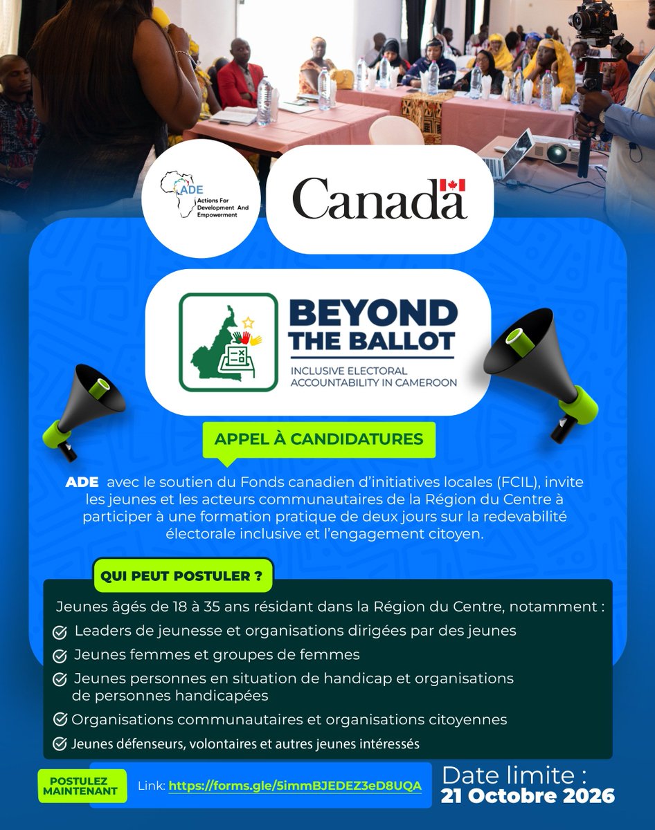 actions4dev's tweet photo. 📢 CALL FOR APPLICATIONS | BEYOND THE BALLOT

ADE, with support from CFLI, invites young people &amp; community actors aged 18–35 in Cameroon’s Centre Region to a 2-day practical training on inclusive electoral accountability &amp; citizen engagement.

👉 Apply: https://t.co/QJOJulzsMz https://t.co/9J9HeJEVoN
