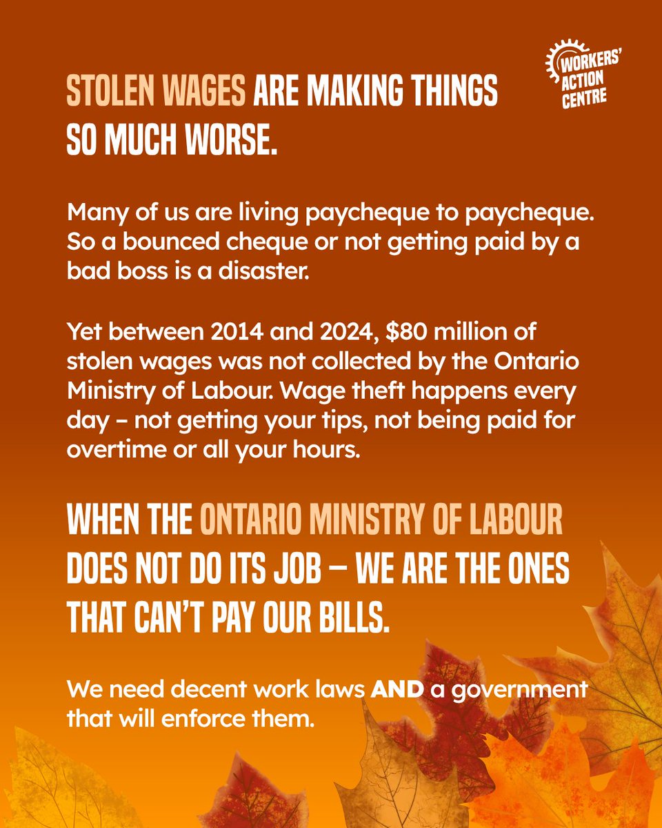 WorkersAC's tweet photo. Nobody should be working yet not making ends meet. 🍂

This Thanksgiving, thousands of food hampers will be prepared for workers and their families who are struggling to pay their bills and keep a roof over their heads. We are in a crisis of decent work. 

Too many workers are forced into temporary and precarious jobs that don’t have benefits, don’t qualify for Employment Insurance (EI), and sometimes don’t even pay wages! And the Ontario Ministry of Labour is allowing this crisis to persist.

That’s why we’re organizing to build a stronger movement 💪 for decent work to fight collectively for our rights and to make sure the government does its job.

✍️ Write to us now to join the movement: https://t.co/aMTVff0ZzO

#DecentWork #StopWageTheft #Thanksgiving #Ontario