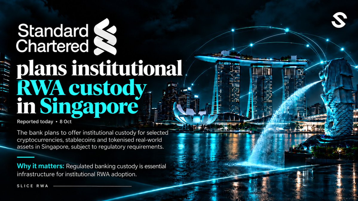SLICERWA's tweet photo. 🏦 Standard Chartered is strengthening its position in digital assets.

The banking giant plans to expand institutional custody in Singapore to selected cryptocurrencies, stablecoins and tokenised real-world assets, subject to regulatory requirements.

Why it matters: Institutional adoption of tokenisation requires more than issuance. Regulated custody is a critical piece of the infrastructure needed to bring traditional finance on-chain.

Another step towards institutional-scale RWA adoption.

#Tokenisation #RWA #DigitalAssets #Blockchain #Fintech