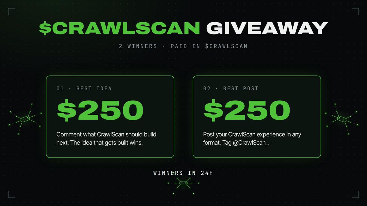 CrawlScan_'s tweet photo. Quick robinhood:0x19dcb63c4d2f29a6f077f094a4f858fc790145e1 giveaway for 24 hours is now LIVE. 

Two ways to win and two winners:

1. Best idea

Drop your idea for CrawlScan in the comments under this post.

A feature, a check, an integration, anything that would make the scanner more useful for you.

The idea I like most and decide to build wins $250 in tokens.

2. Best post

Make a post about your experience with CrawlScan.

Any format you want. 

A thread, a video, a screenshot of a scan that saved you, a story. 

No requirements.

Just tag @CrawlScan_ so I can see it.

The post I like most wins $250 in tokens.

Winners announced in 24 hours.